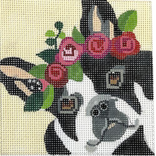 Frenchie with Pink Floral Crown 4" Square Painted Canvas Melissa Prince Designs 
