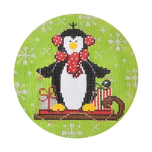 Frosty Penguin on Sled Ornament Painted Canvas The Meredith Collection 