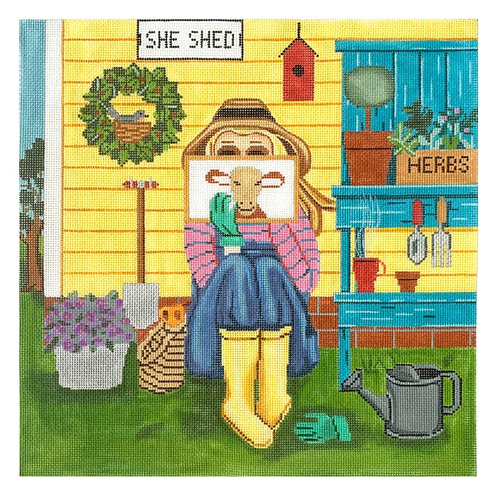 Gardening Stitching Girl Painted Canvas Alice Peterson Company 