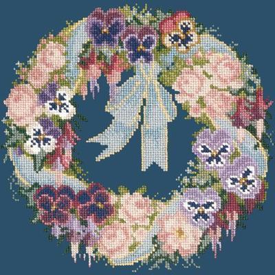 Garland of Pansies Needlepoint Kit Kits Elizabeth Bradley Design Dark Blue 
