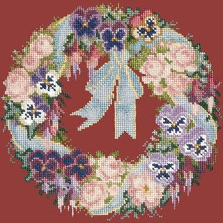 Garland of Pansies Needlepoint Kit Kits Elizabeth Bradley Design Dark Red 
