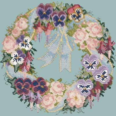 Garland of Pansies Needlepoint Kit Kits Elizabeth Bradley Design Pale Blue 
