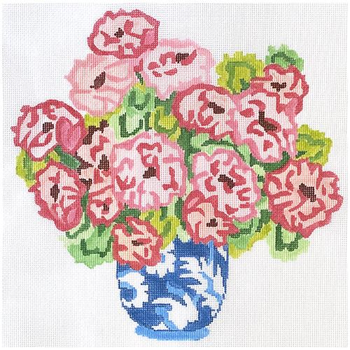 Geraniums in a Blue Bowl painted canvas jean smith 