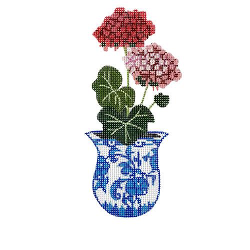 Geraniums in Blue Ceramic Pot Painted Canvas All About Stitching/The Collection Design 