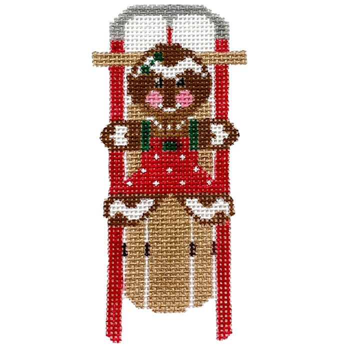 Gingerbread Girl Sled Painted Canvas Anne Fisher Needlepoint LLC 