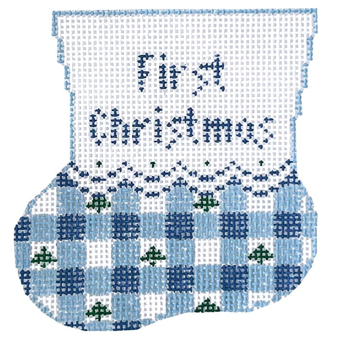 Gingham Bootie with Boy Baby Insert Mini Stocking Painted Canvas Kathy Schenkel Designs  - 1