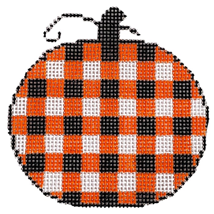 Gingham Pumpkin   Small Black and Orange Painted Canvas SilverStitch Needlepoint  - 1