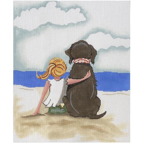 Girl and Dog on Beach Painted Canvas Patti Mann  - 1