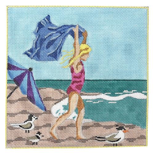 Girl with Beach Towel Painted Canvas Julie Mar Needlepoint Designs 