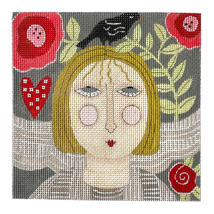 Girl with Bird on Head Painted Canvas ditto! Needle Point Works  - 1