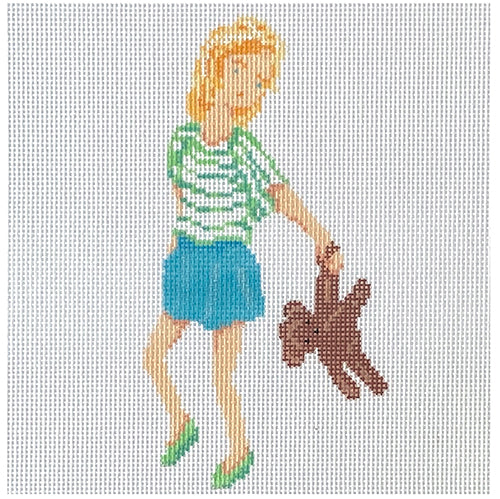 Girl with Teddy Painted Canvas A Stitch in Time  - 1