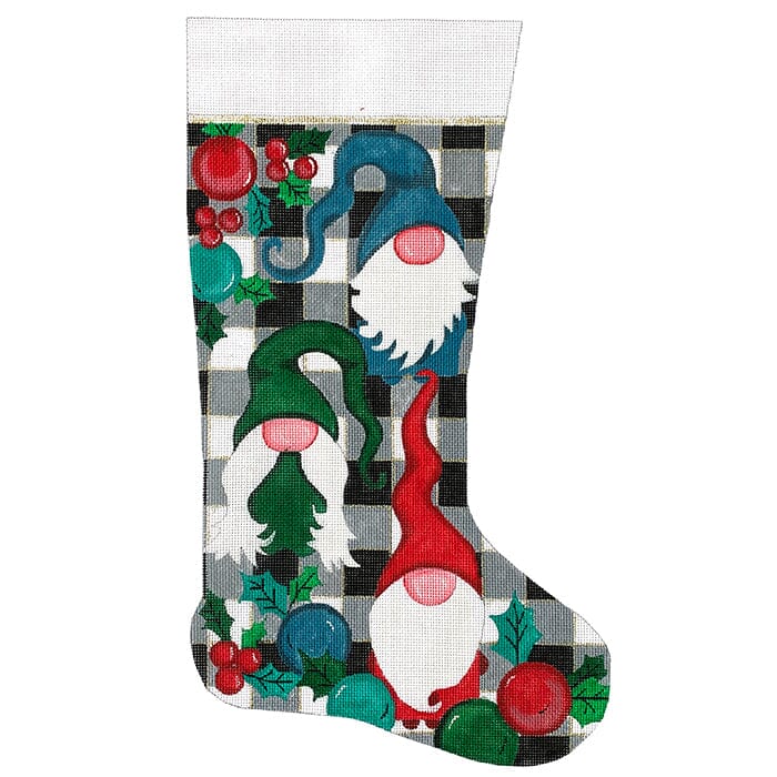 Gnomes on Checks Christmas Stocking Painted Canvas Alice Peterson Company 