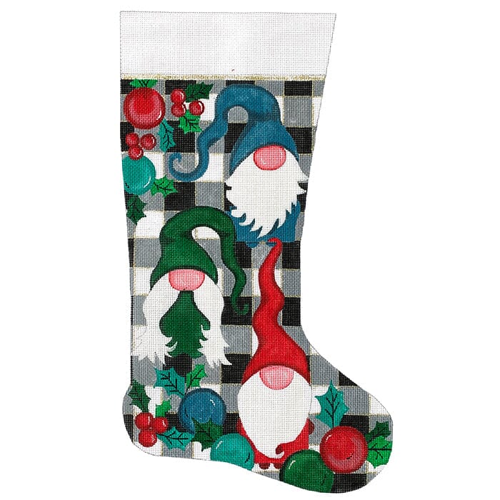 Gnomes on Checks Christmas Stocking Painted Canvas Alice Peterson Company  - 1