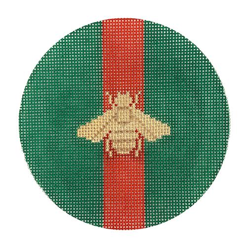 Gold Bee on Green with Red Stripe Round Painted Canvas Kate Dickerson Needlepoint Collections 