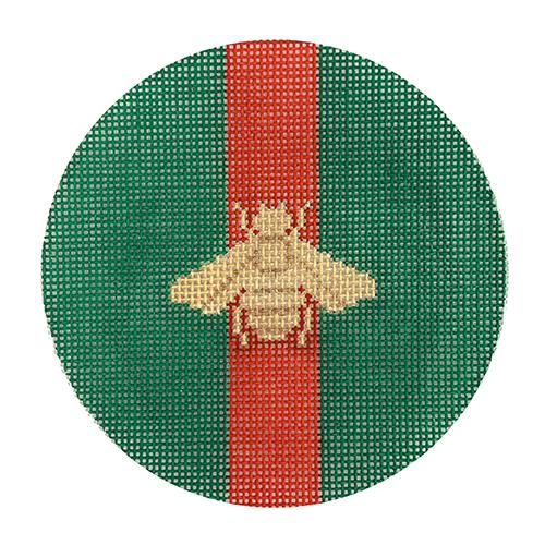 Gold Bee on Green with Red Stripe Round Painted Canvas Kate Dickerson Needlepoint Collections  - 1