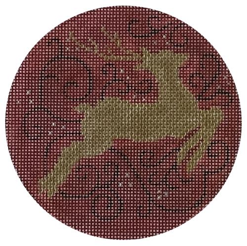 Gold Reindeer on Red Swirls Round Painted Canvas Vallerie Needlepoint Gallery 