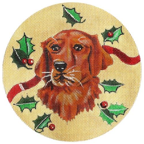 Golden Retriever with Holly Ornament Painted Canvas The Meredith Collection 