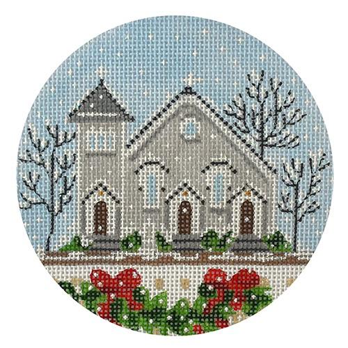 Gray Church Ornament Painted Canvas The Plum Stitchery  - 1