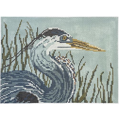 Great Blue Heron in Wetlands on 13 Painted Canvas Needle Crossings 