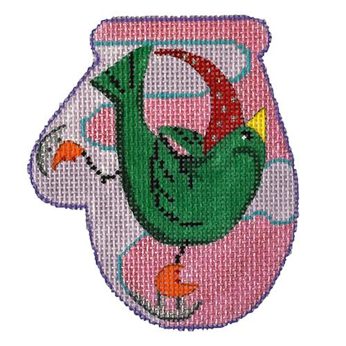 Green Bird on Skates Mini Mitten Painted Canvas PLD Designs 