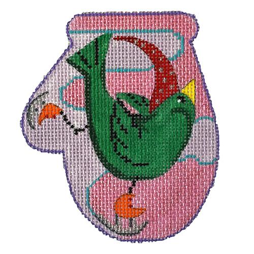 Green Bird on Skates Mini Mitten Painted Canvas PLD Designs  - 1