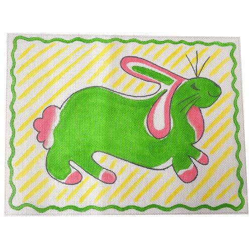 Green Bunny with Yellow Stripes Painted Canvas Kate Dickerson Needlepoint Collections 