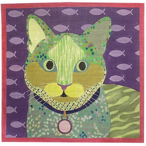 Green Cat Painted Canvas All About Stitching/The Collection Design  - 1