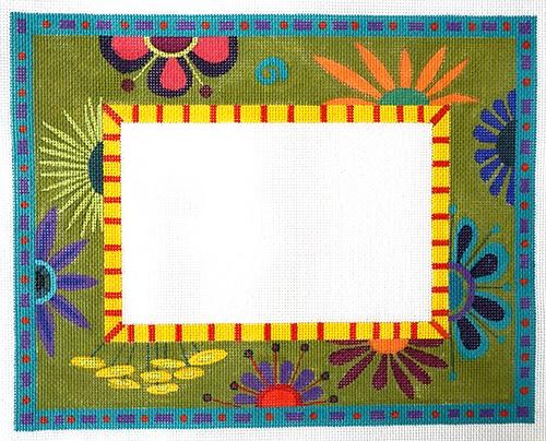 Green Flower Frame Painted Canvas Zecca  - 1