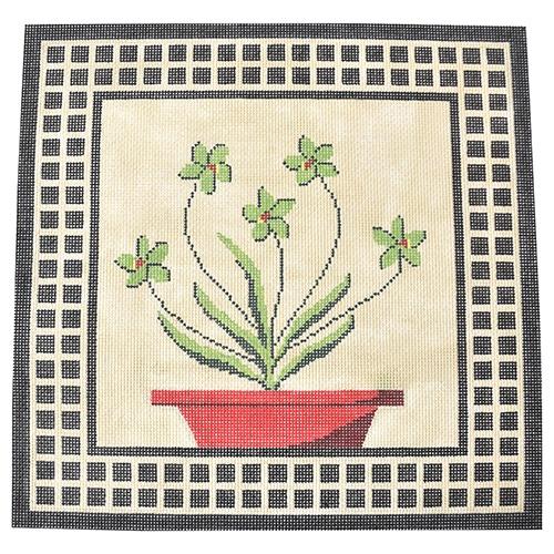 Green Flowers Red Pot Pillow Painted Canvas J. Child Designs 