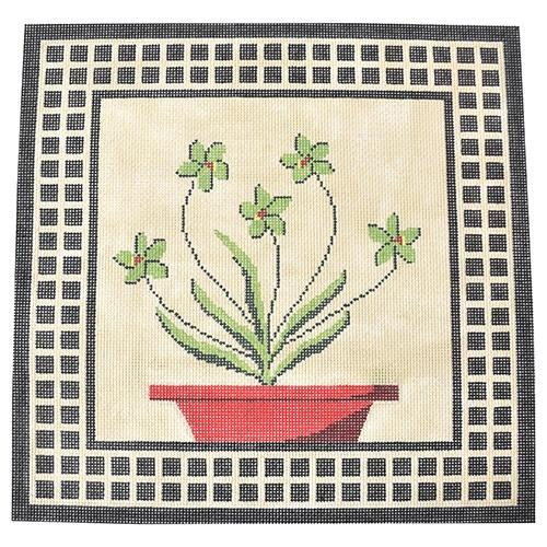 Green Flowers Red Pot Pillow Painted Canvas J. Child Designs  - 1