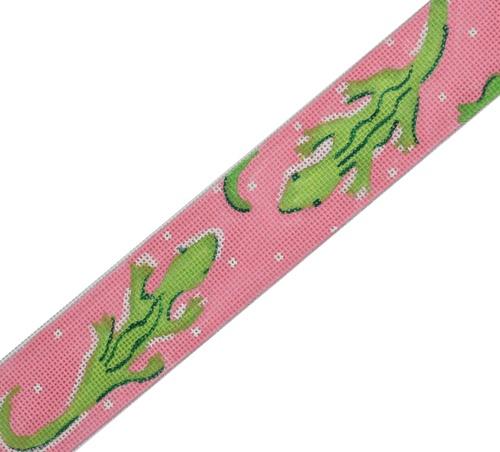 Green Lizards on Pink Belt Painted Canvas Kate Dickerson Needlepoint Collections 