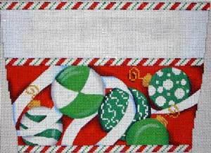 Green Ornaments on Red Background Stocking Cuff Painted Canvas Associated Talents 