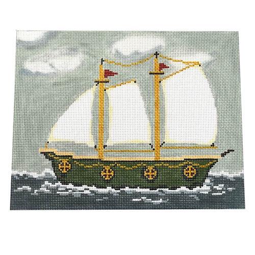 Green Ship Painted Canvas The Plum Stitchery  - 1
