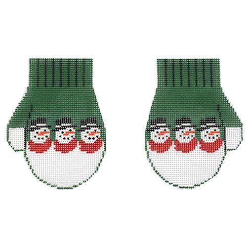 Green Snowman Mittens Painted Canvas Kathy Schenkel Designs  - 1