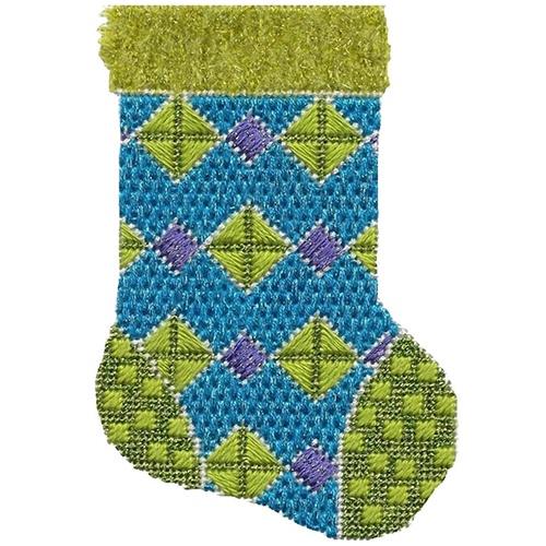 Green & Turquoise Mini Sock with Stitch Guide Painted Canvas A Stitch in Time 