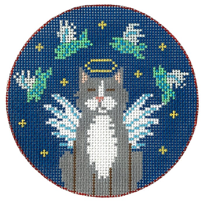 Grey Angel Cat w Fish Ornament Painted Canvas CBK Needlepoint Collections 