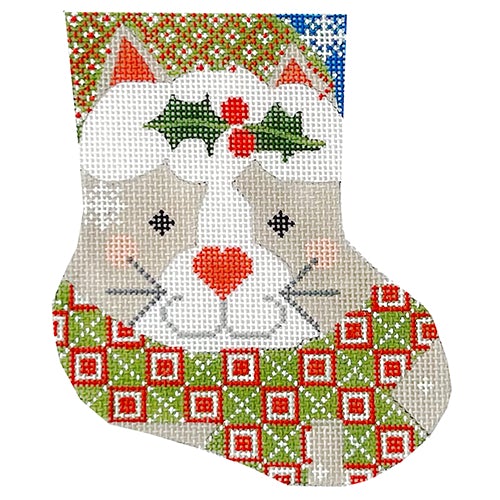 Grey Cat with Holly Mini Stocking Painted Canvas Danji Designs  - 1