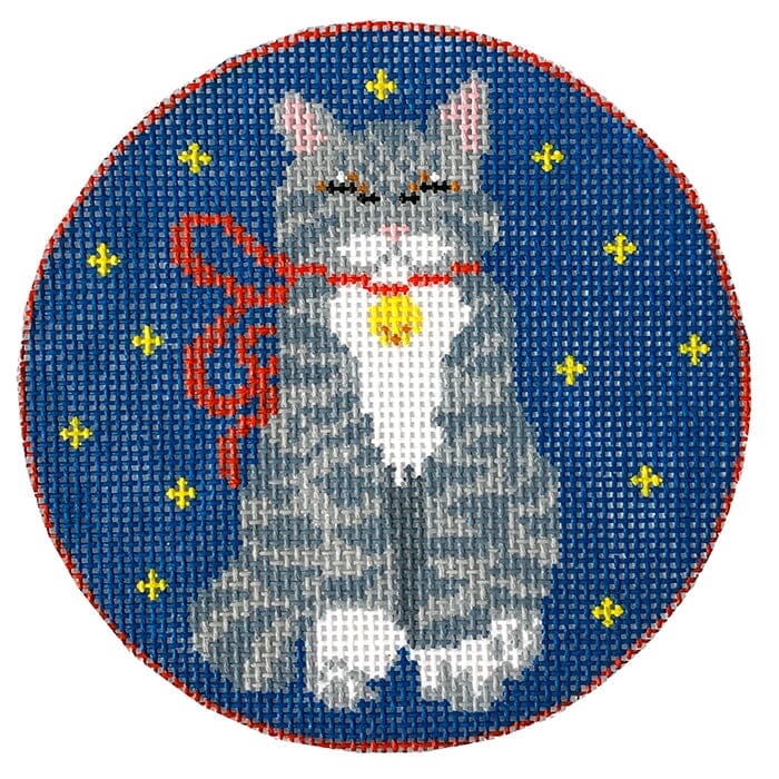 Grey Cat with Red Ribbon Ornament Painted Canvas CBK Needlepoint Collections 