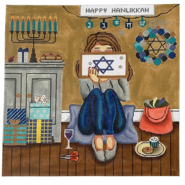 Hanukkah Stitching Girl Painted Canvas Alice Peterson Company 