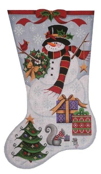 Happy Snowman Stocking on 13 Painted Canvas Rebecca Wood Designs 