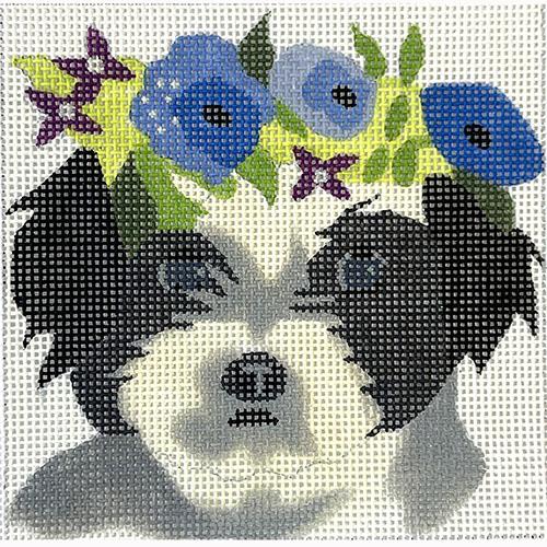 Havanese with Blue Floral Crown 4" Square Painted Canvas Melissa Prince Designs 
