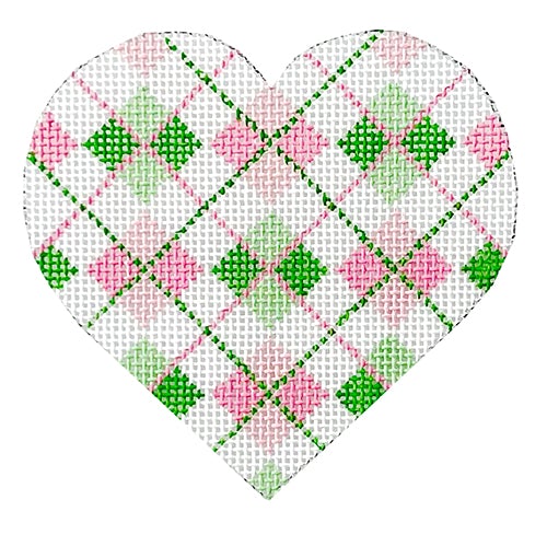 Heart - Pink/Green Argyle with Stitch Guide Painted Canvas Danji Designs 