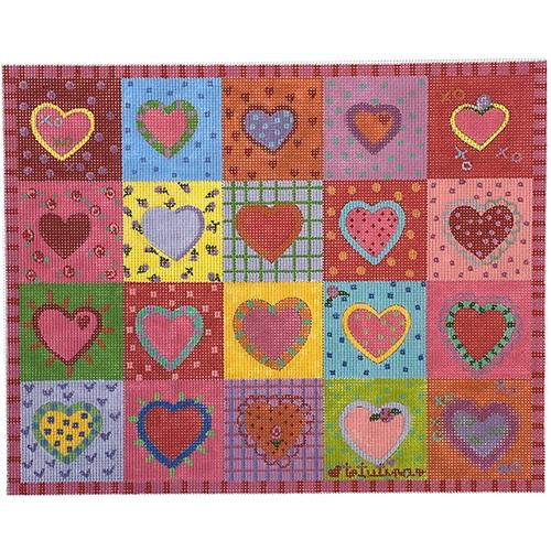 Hearts Patchwork Quilt on 18 Painted Canvas Tango and Chocolate  - 1