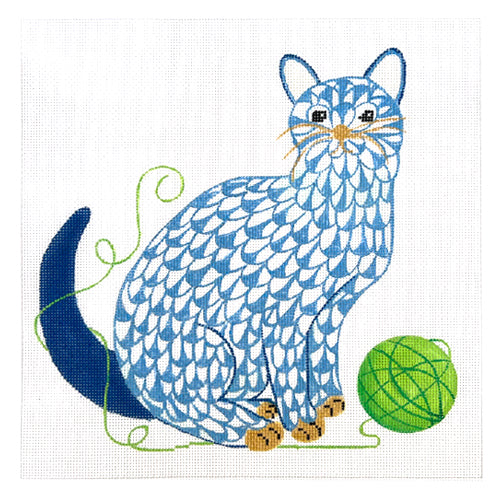 Herend Inspired Cat with Ball of Yarn - Blue & Green Painted Canvas Kate Dickerson Needlepoint Collections 