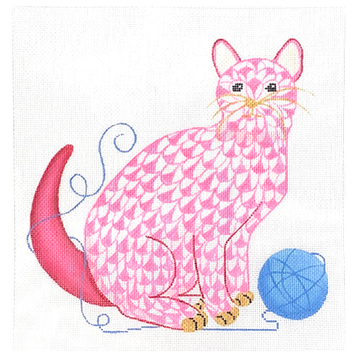 Herend Inspired Cat with Ball of Yarn - Pink & Blue Painted Canvas Kate Dickerson Needlepoint Collections 