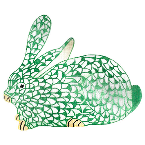 Herend Inspired Crouching Bunny - Emerald Facing Left Painted Canvas Kate Dickerson Needlepoint Collections 