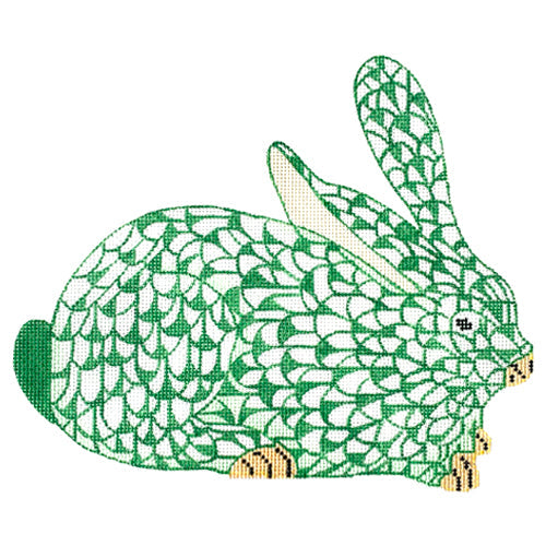 Herend Inspired Crouching Bunny - Emerald Facing Right Painted Canvas Kate Dickerson Needlepoint Collections 