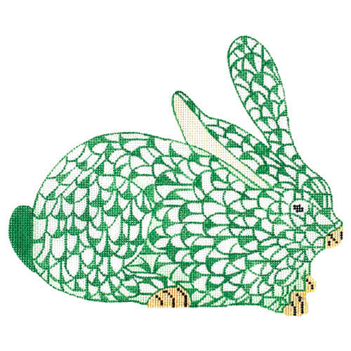 Herend Inspired Crouching Bunny   Emerald Facing Right Painted Canvas Kate Dickerson Needlepoint Collections  - 1