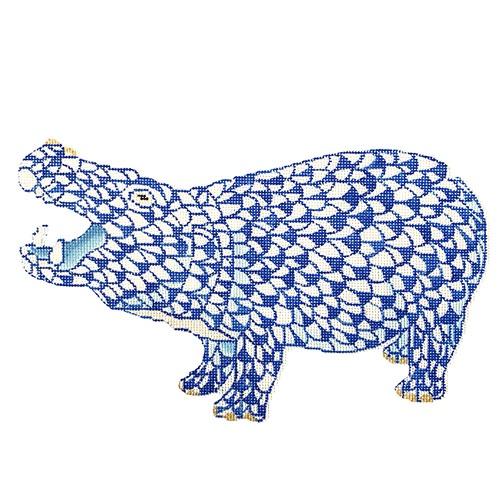 Herend Inspired Fishnet Hippo   Blue w/ Gold Painted Canvas Kate Dickerson Needlepoint Collections  - 1