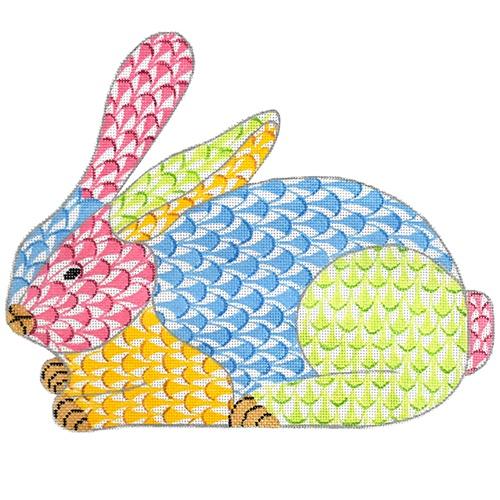 Herend Inspired Fishnet Patchwork Crouching Bunny Painted Canvas Kate Dickerson Needlepoint Collections 

